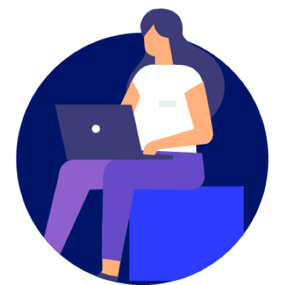Cartoon woman sitting on block reading laptop